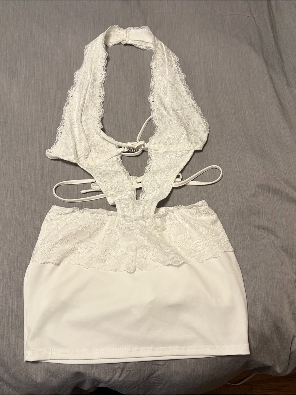 Shein White Lace Halter Mini Skort Dress, Extra Small, Rhinestones